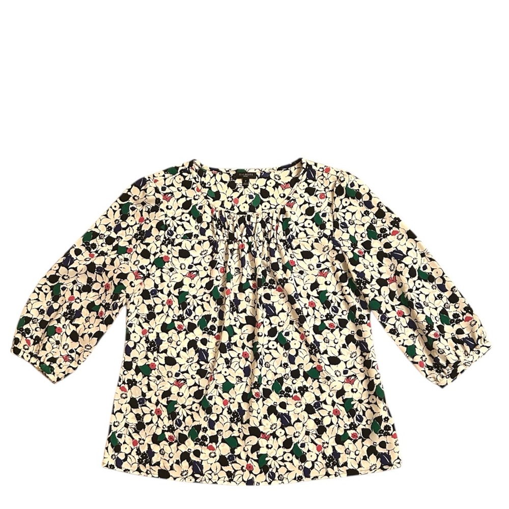 Talbots Petites Floral White Green Pink Top Women’s Size P